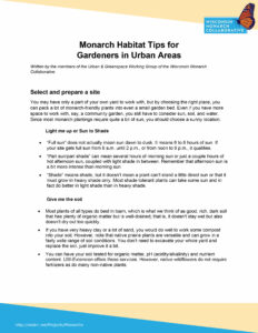 image of an informational pdf for Monarch Habitat tips for urban gardeners and opens into a new tab as a downloadable pdf when clicked on